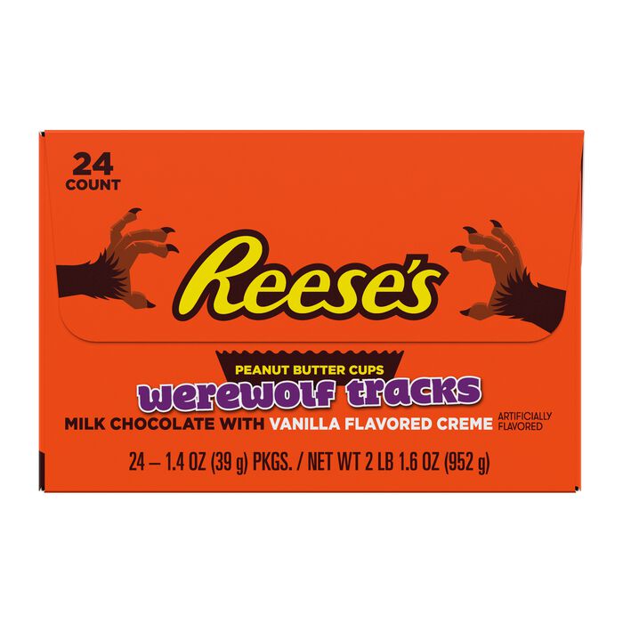 Image of REESE'S Werewolf Tracks Halloween Milk Chocolate and Vanilla Flavored Creme Peanut Butter Cups, 1.4oz (24 Count) Packaging