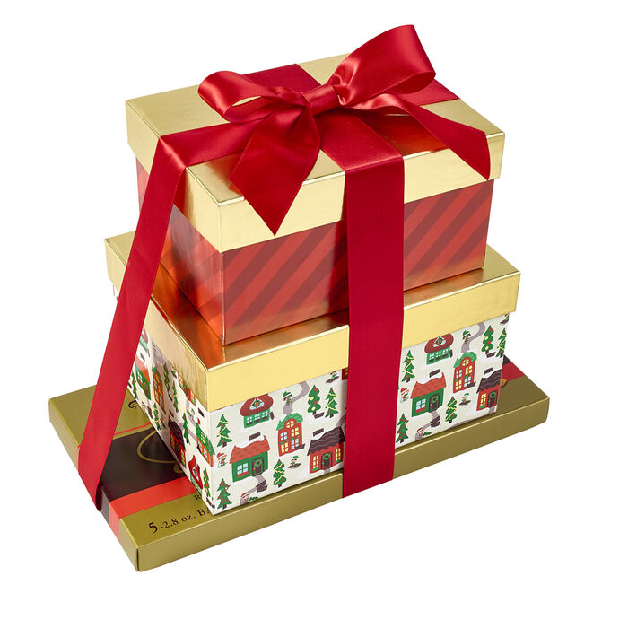 Image of HERSHEY'S KISSES, Assorted Miniatures and GOLDEN ALMOND Milk Chocolate Bars Filled Three-Box Holiday Gift Tower Packaging