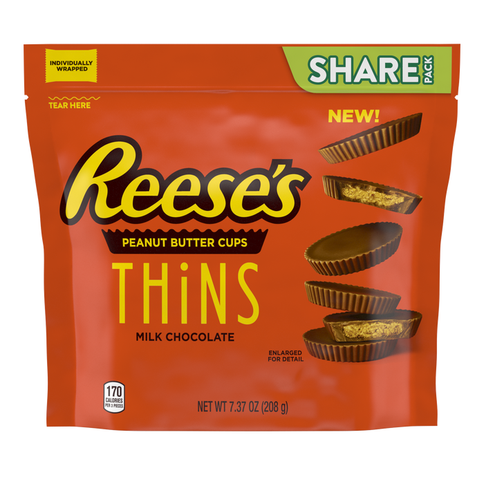 Image of REESE'S THiNS Milk Chocoalte Peanut Butter Cups Snack Size 7.37oz Candy Bag Packaging