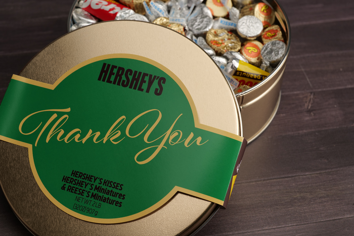 Image of HERSHEY'S Assortment  Gift Tin with Thank You Sleeve 2 lbs. tin Packaging