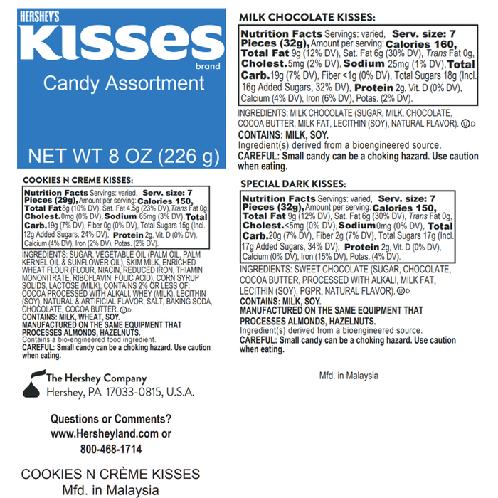 Image of HERSHEY’S KISSES Milk Chocolate, SPECIAL DARK and Cookies 'n' Cream Assortment Filled Tube, 8 oz Packaging