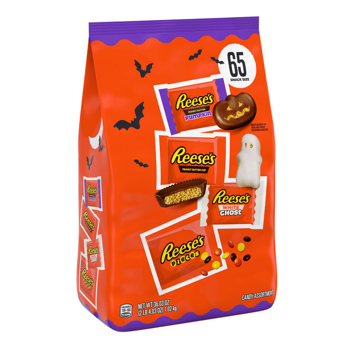 Image of REESE'S Assorted Snack Size Halloween Candy, Bulk Bag, 36.03 oz (65 Pieces) Packaging