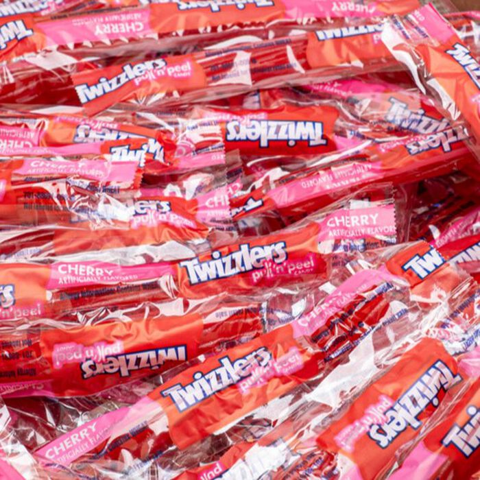 Image of TWIZZLERS PULL ‘N’ PEEL Cherry Candy Snack Size 5lb Bulk Box Packaging