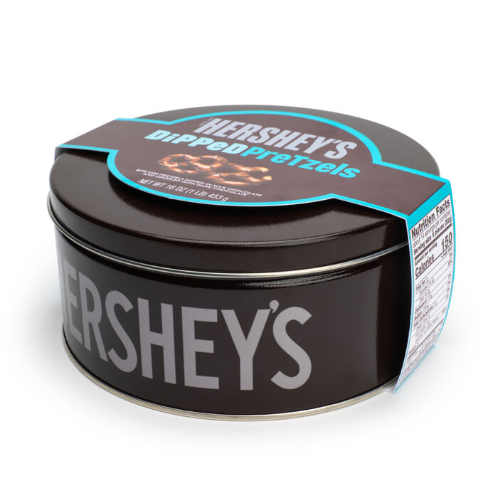 Image of HERSHEY'S Milk Chocolate Dipped Pretzels 16oz Candy Tin Packaging