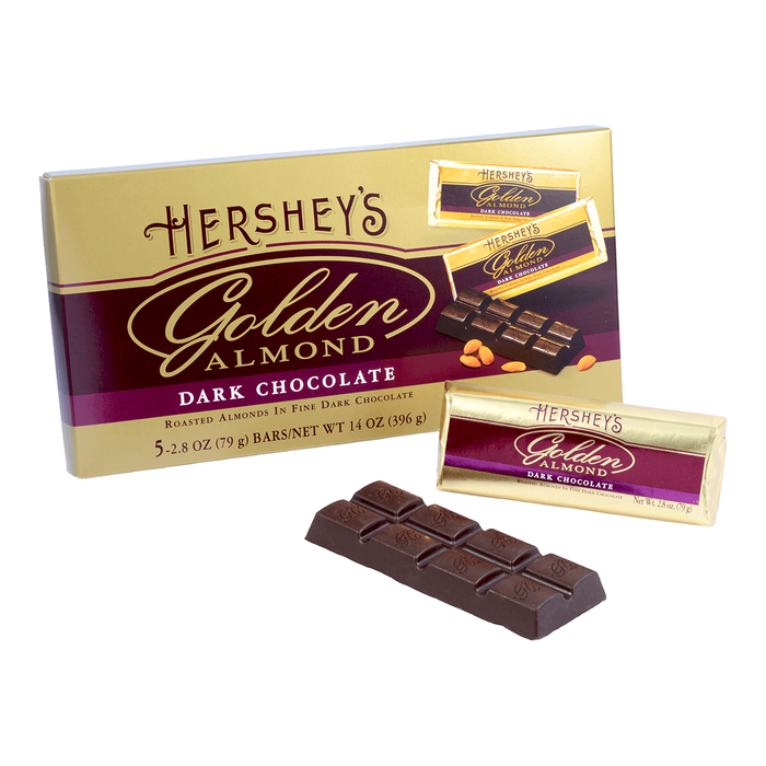 Image of GOLDEN ALMOND Dark Chocolate 14oz Box of Five 2.8oz Candy Bars Packaging