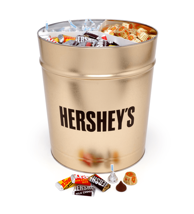 Image of HERSHEY'S Gold Gift Tin with Milk and Dark Chocolate Assorted Mix Candy 15 lbs. Packaging