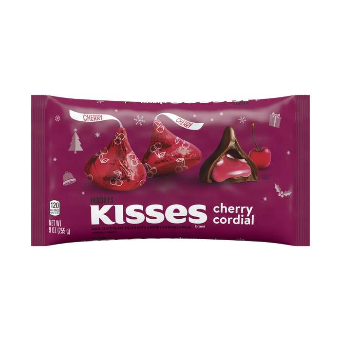 Image of Holiday KISSES Milk Chocolate with Cherry Cordial Creme 9 oz. bag Packaging