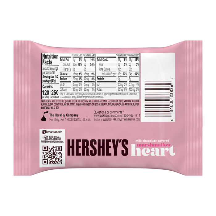 Image of HERSHEY'S Milk Chocolate Covered Marshmallow Heart, Valentine's Day, Candy Pack, 2.2 oz Packaging