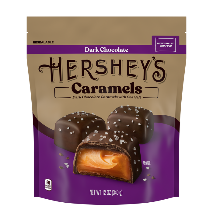 Image of HERSHEY'S Dark Chocolate Caramels with Sea Salt Pouch, 12 oz Packaging