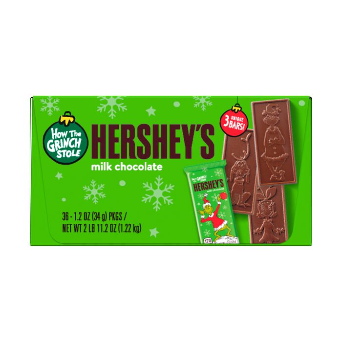 Image of HERSHEY'S Grinch Milk Chocolate Christmas Candy Bars, 1.2 oz (36 Count) Packaging