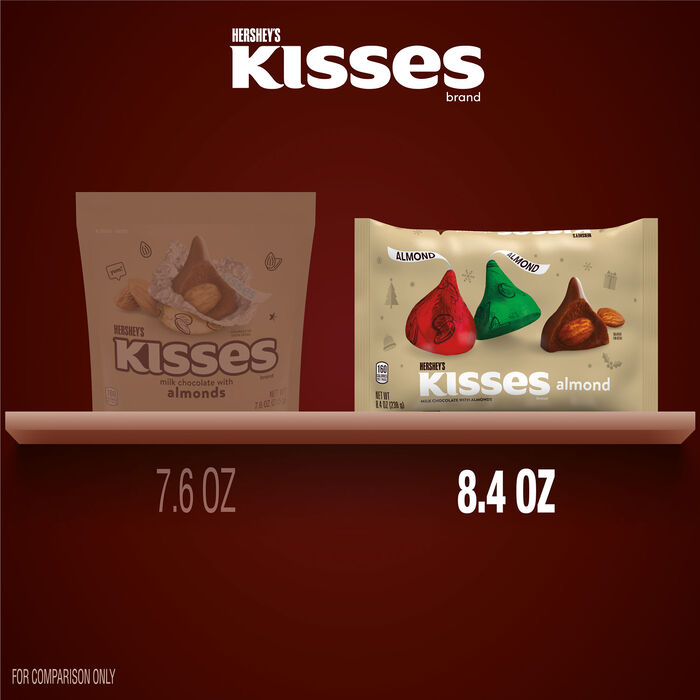 Image of HERSHEY'S KISSES Milk Chocolate with Almonds, Christmas , Candy Bag, 8.4 oz Packaging