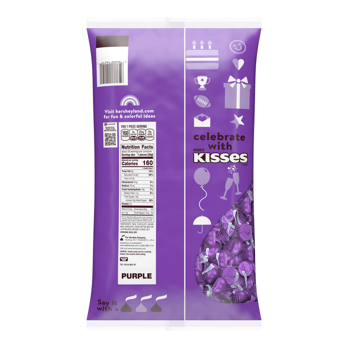 Image of HERSHEY'S KISSES Purple Foils Milk Chocolate Candy Bulk Bag, 60 oz Packaging