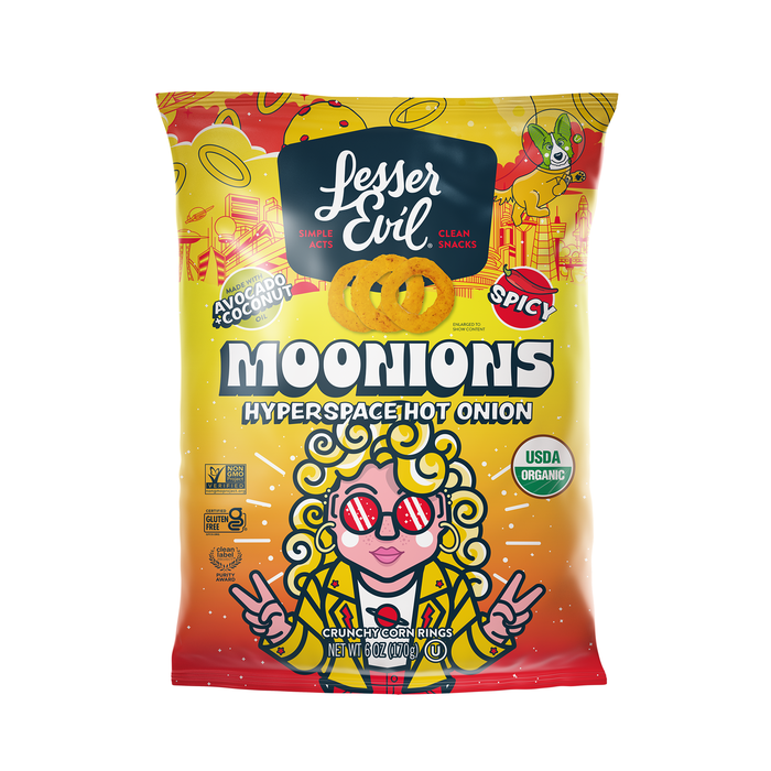 Image of LesserEvil Moonions Hot Onion 6oz Packaging