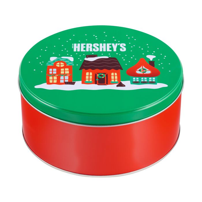 Image of HERSHEY'S Assorted Snack Size Red and Green Holiday Gift Tin, 24 oz Packaging