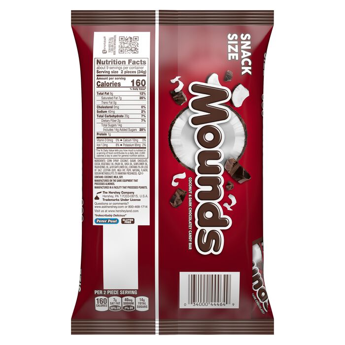 Image of MOUNDS Dark Chocolate and Coconut Snack Size, Candy Bars Bag, 11.3 oz Packaging