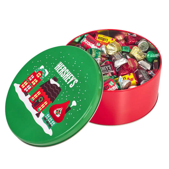 Image of HERSHEY'S Assorted Miniatures Filled Holiday Red and Green Gift Tin, 2.25 lb Packaging