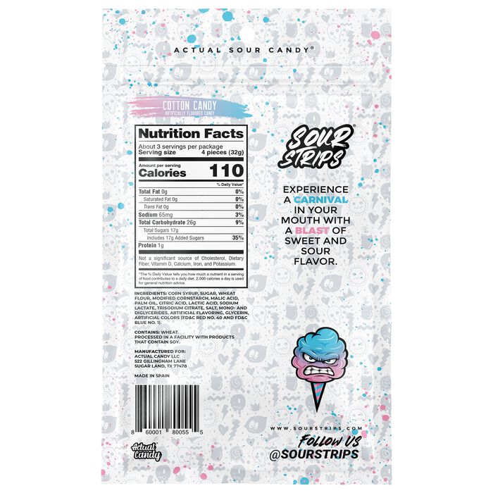 Image of Sour Strips Cotton Candy Peg Bag, 3.4oz Packaging