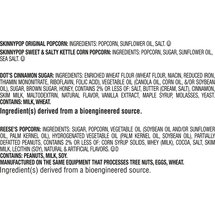 Image of SKINNYPOP Original and SKINNYPOP Sweet and Salty Popcorn, DOT’S Cinnamon Sugar Pretzels, and REESE’S Peanut Butter Popcorn 15-count Multipack Box Packaging