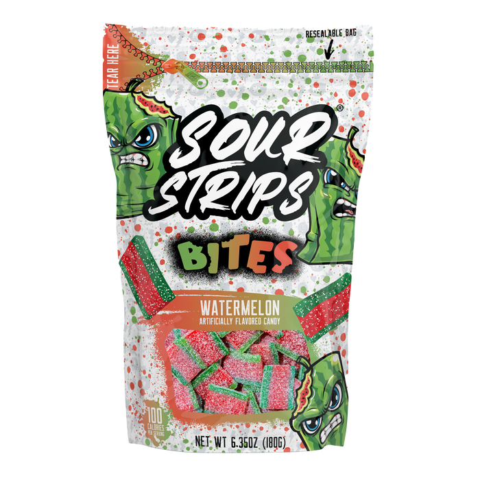 Image of SOUR STRIPS Bites Watermelon Flavored Chewy Candy Bag, 6.35 oz Packaging