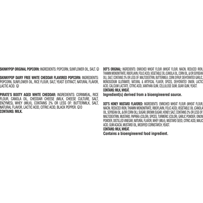Image of SKINNYPOP Original and Dairy Free SKINNYPOP White Chedder Popcorn, DOT'S ORIGINAL HOMESTYLE PRETZELS and DOT'S Honey Mustard Homestyle Pretzels, and PIRATE'S BOOTY Aged White Cheddar Puffs 18-count Multipack Box Packaging