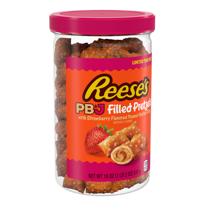Image of REESE'S PB&J Peanut Butter & Strawberry Filled Pretzels Jar, 18 oz Packaging
