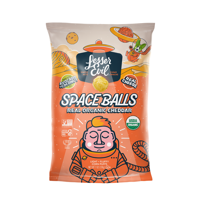 Image of LesserEvil Cheese Space Balls 7oz Packaging