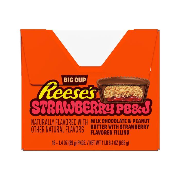 Image of REESE'S Big Cup PB&J Strawberry Milk Chocolate Peanut Butter Cups Candy Packs, 1.4 oz (16 Count) Packaging