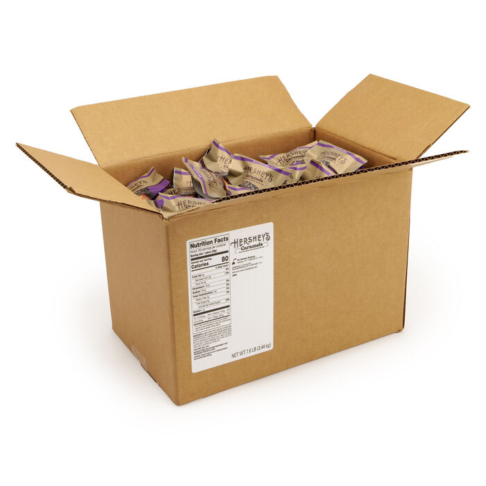 Image of HERSHEY'S Dark Chocolate Caramels with Sea Salt Bulk Box, 7.6 lbs (150 Pieces) Packaging