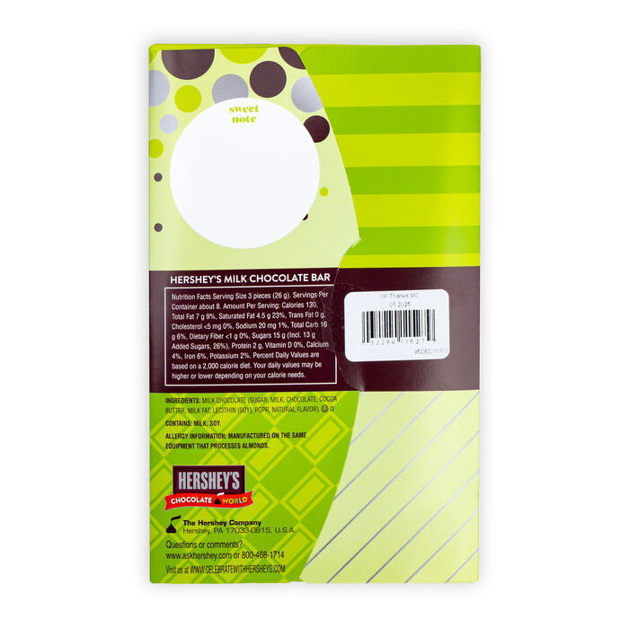 Image of HERSHEY’S Milk Chocolate 7.56 oz Candy Bar with Thank You Sleeve Packaging