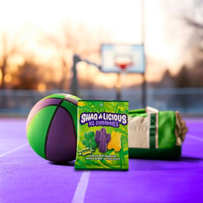 Image of SHAQ-A-LICIOUS XL GUMMIES Sour Chewy Candy Bag, 6.2 oz Packaging