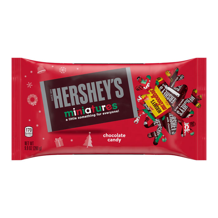 Image of HERSHEY'S Miniatures Assorted Chocolate, Christmas , Candy Bars Bag, 9.9 oz Packaging