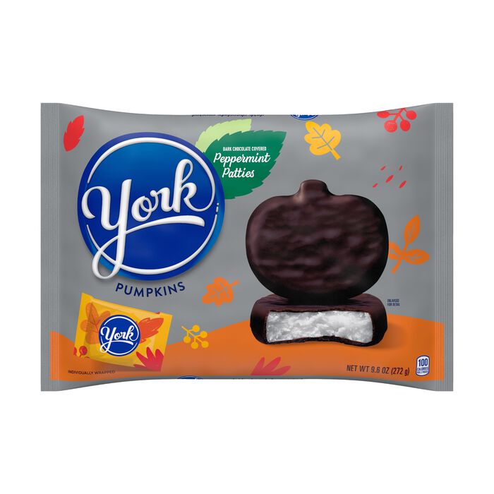 Image of YORK Dark Chocolate Peppermint Patties Pumpkins, Individually Wrapped Candy Bag, 9.6 oz Packaging