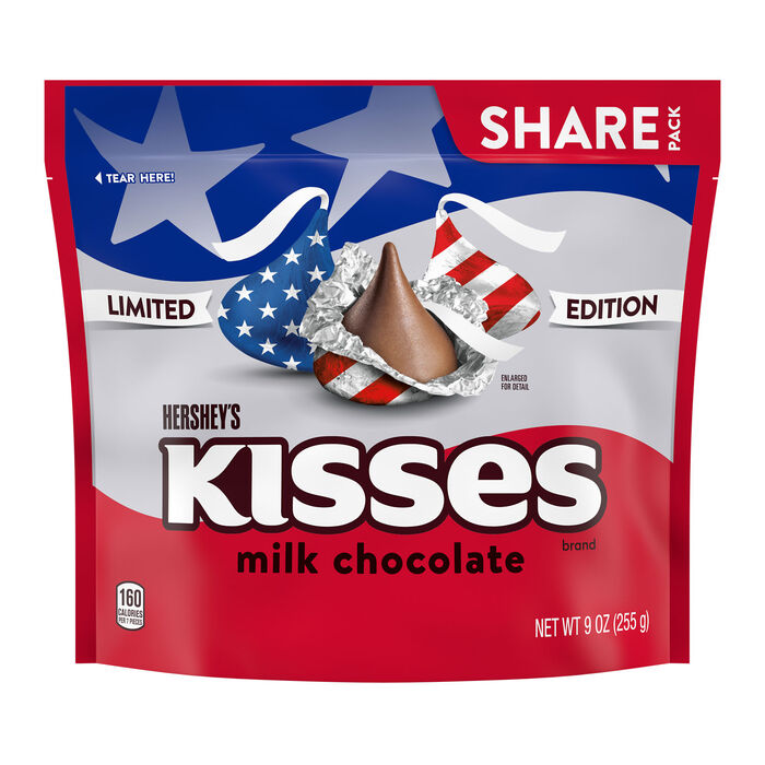 Image of HERSHEY'S KISSES Red White and Blue Foils, Milk Chocolate Candy Share Pack, 9 oz Packaging