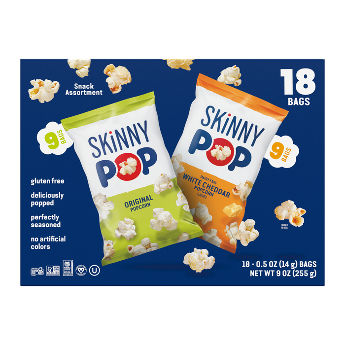 Image of SKINNYPOP Original and SKINNYPOP Dairy-Free White Chedder Popcorn 18-count Multipack Box Packaging