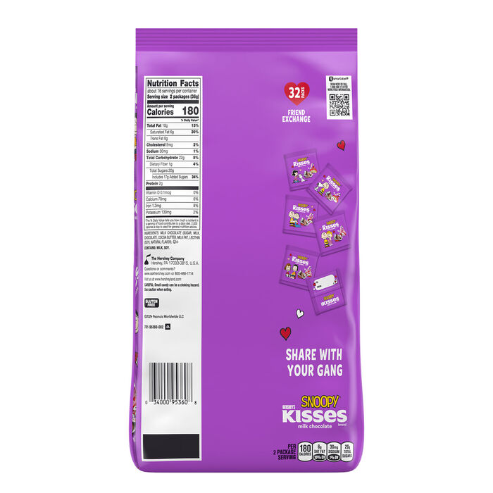 Image of HERSHEY'S KISSES Milk Chocolate Snoopy™ and Friends, Valentine's Friend Exchange Candy Bag, 20.5 oz (32 Pieces) Packaging