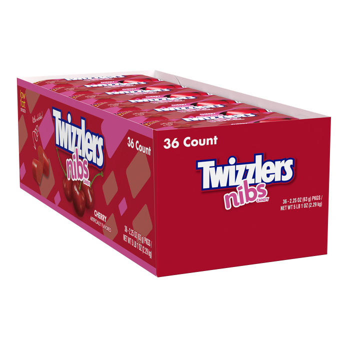 Image of TWIZZLERS NIBS Cherry Flavored Licorice Style Candy Bags, 2.25 oz (36 Count) Packaging