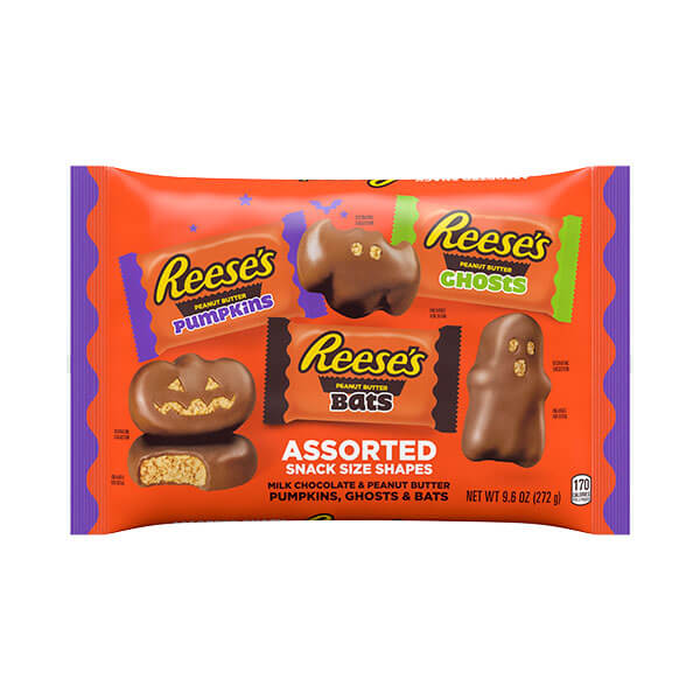 Image of REESE'S Peanut Butter Milk Chocolate Ghosts, Bats & Pumpkins Snack Size 9.6oz Bag Packaging