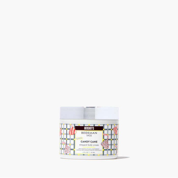 Image of Limited-Edition Beekman 1802 x HERSHEY’S Travel-Size KISSES Candy Cane Whipped Body Cream 2 oz Packaging