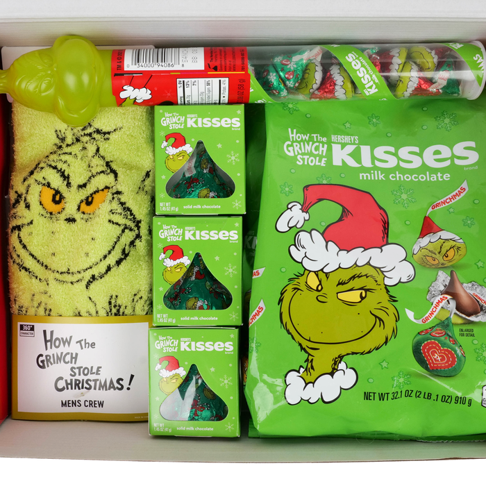 Image of How the Grinch Stole HERSHEY'S KISSES Merry Grinchmas Gift Box with Candy and Socks Packaging