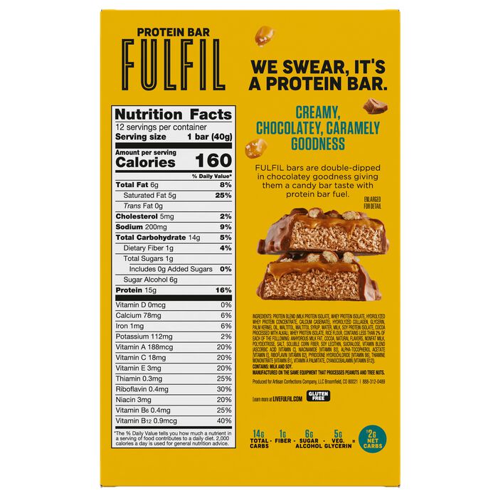 Image of FULFIL Chocolate Salted Caramel Flavored Protein Bars, 1.41 oz (12 Count) Packaging