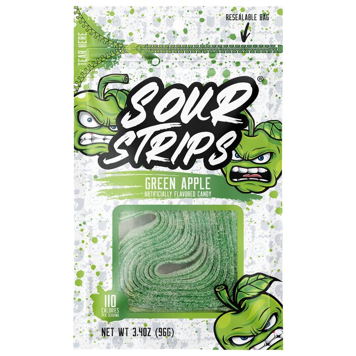 Image of Sour Strips Green Apple Candy Peg Bag, 3.4oz Packaging