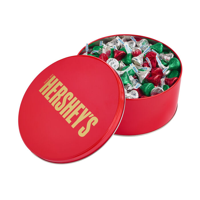 Image of HERSHEY'S KISSES Milk Chocolate Filled Holiday Red Gift Tin, 2.25 lb Packaging