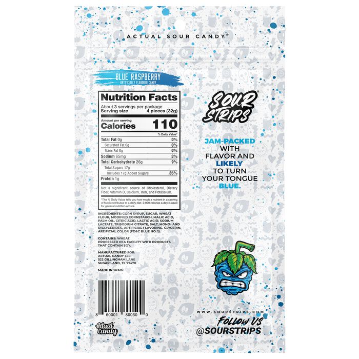 Image of Sour Strips Blue Raspberry Candy Peg Bag, 3.4oz Packaging