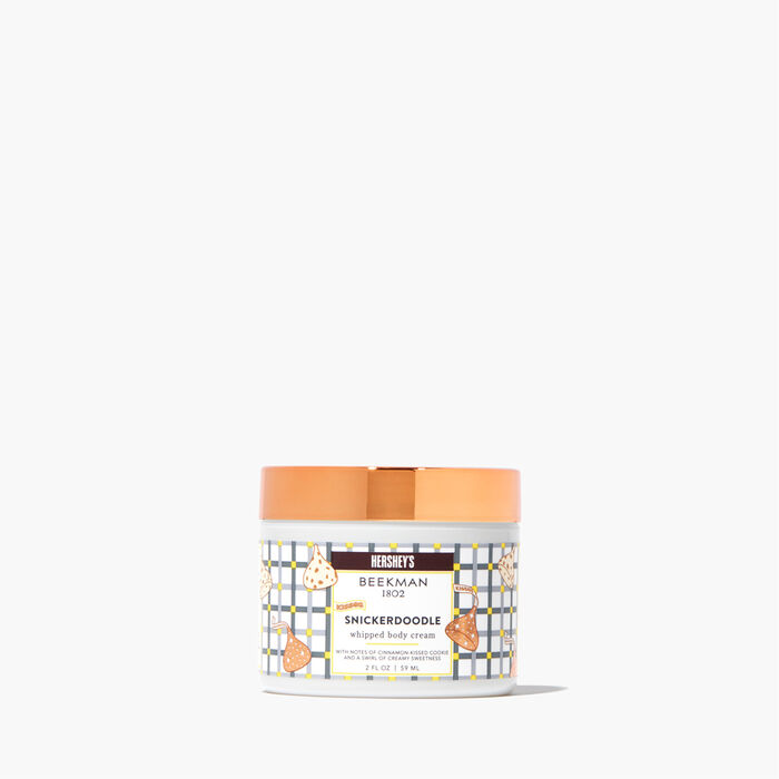 Image of Limited-Edition Beekman 1802 x HERSHEY'S Travel-Size KISSES Snickerdoodle Whipped Body Cream 2 oz Packaging