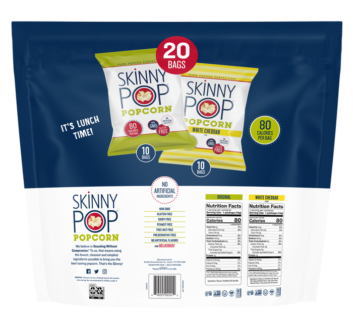 Image of SKINNYPOP Variety Pack Original and White Cheddar Popped Popcorn Bags, 0.5 oz (20 Count) Packaging