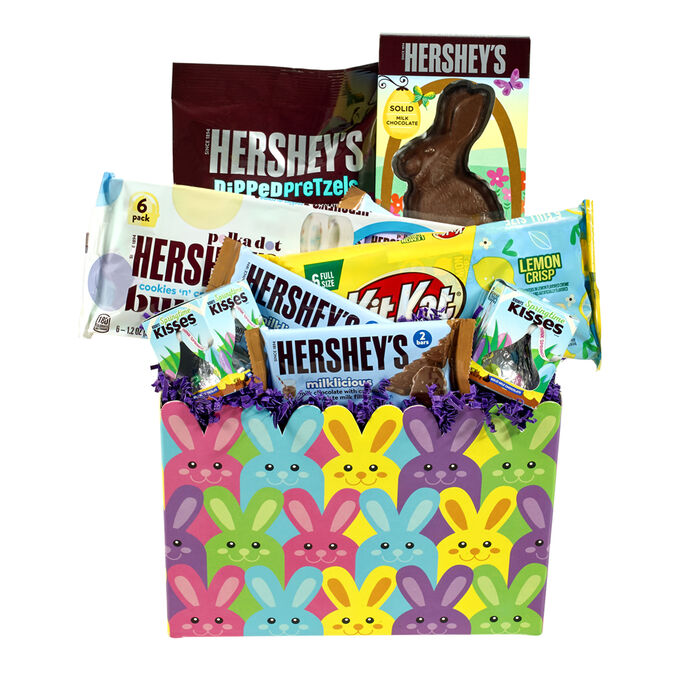 Image of Hop Into Easter HERSHEY'S Milk Chocolate and More Gift Basket Box Packaging