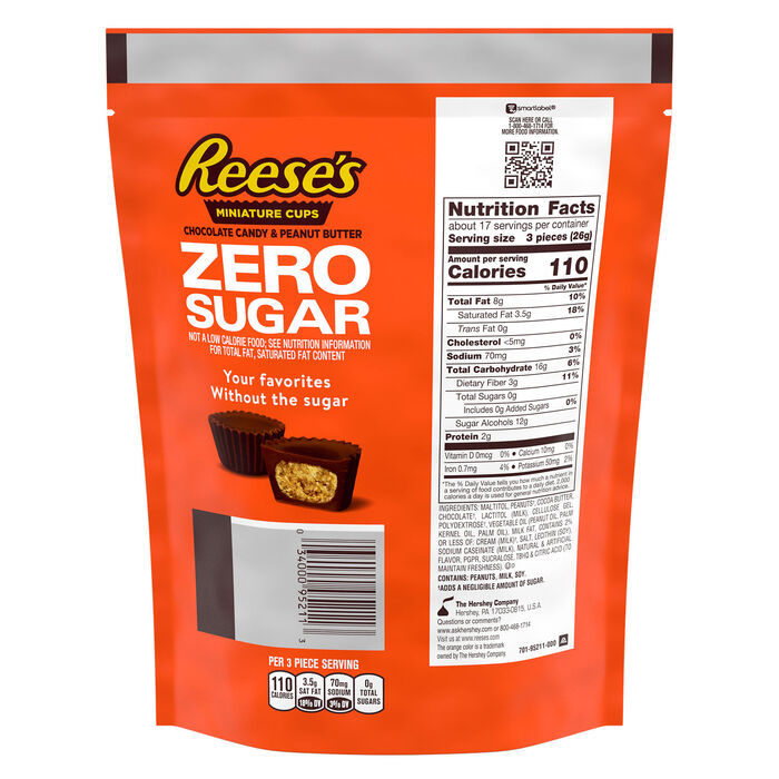 Image of REESE'S Zero Sugar Miniatures Chocolate Peanut Butter Cups Candy Bag, 15.5 oz Packaging