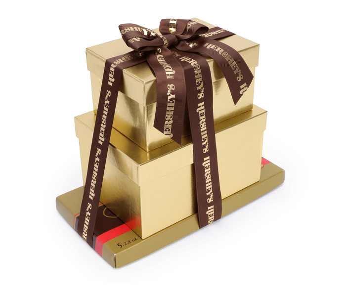 Image of HERSHEY'S Golden 3-Box Gift Tower Featuring Milk Chocolate Golden Almond 66 oz. Packaging