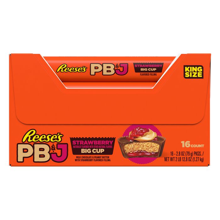 Image of REESE'S Big Cup PB&J Strawberry Milk Chocolate King Size Peanut Butter Cups Candy Pack, 2.8 oz (16 Count) Packaging