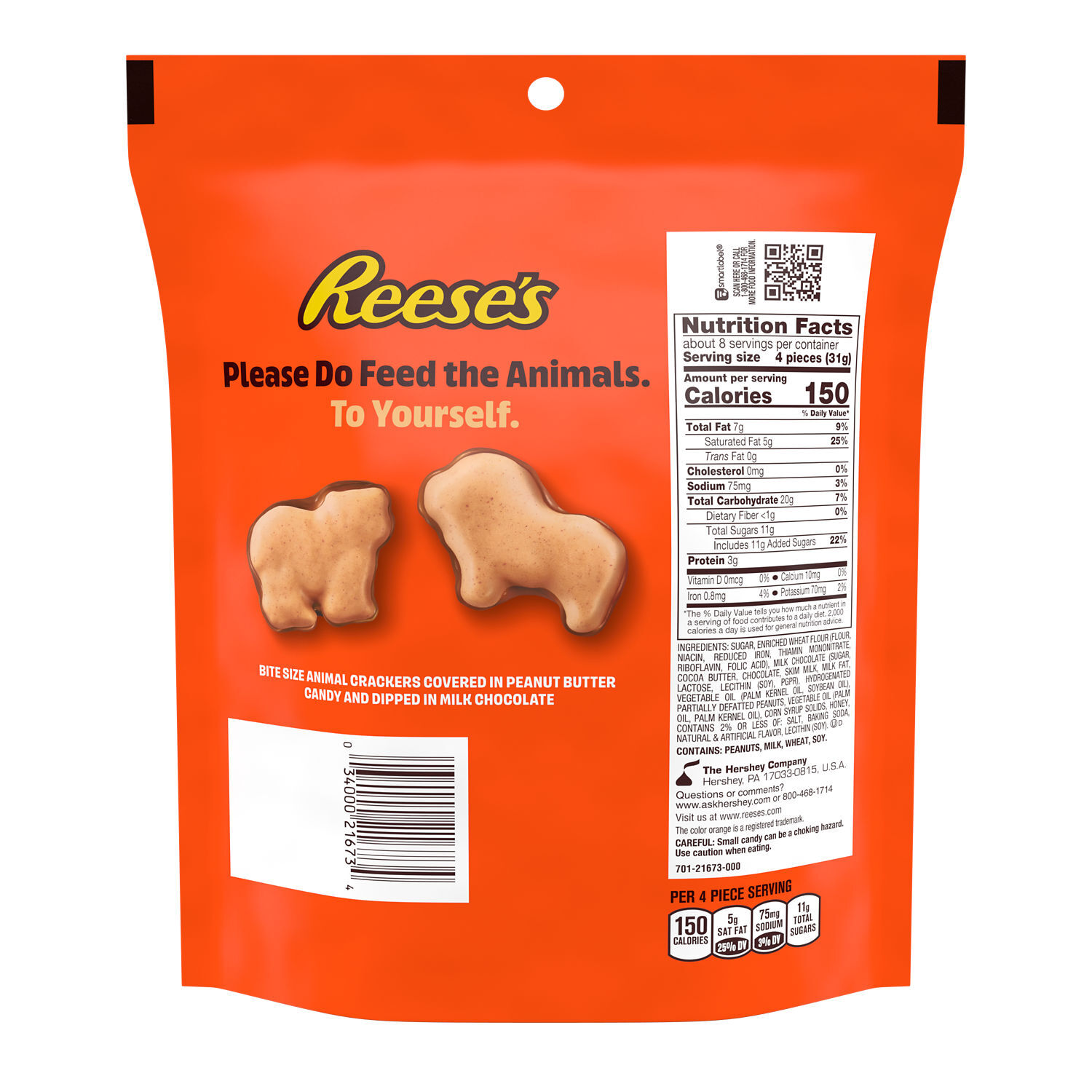 REESE'S Milk Chocolate and Peanut Butter Dipped Animal Crackers Bag, 8.5 oz